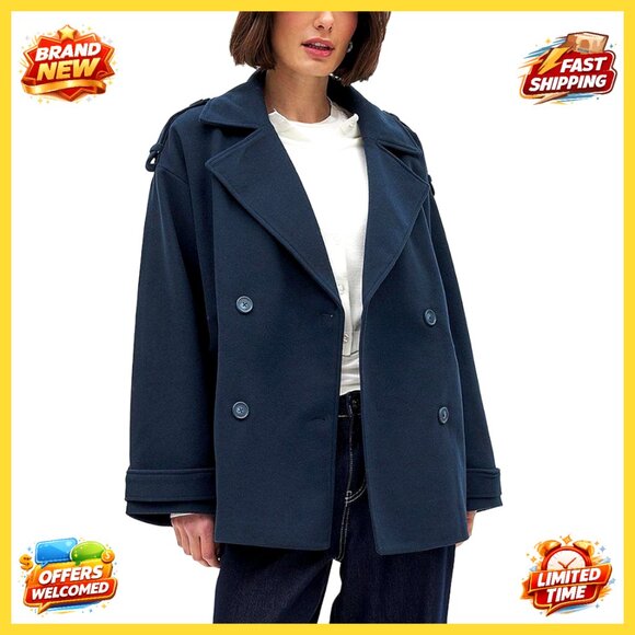 Oversized Wool Blend Peacoat Double Breasted Winter Coat with Pockets